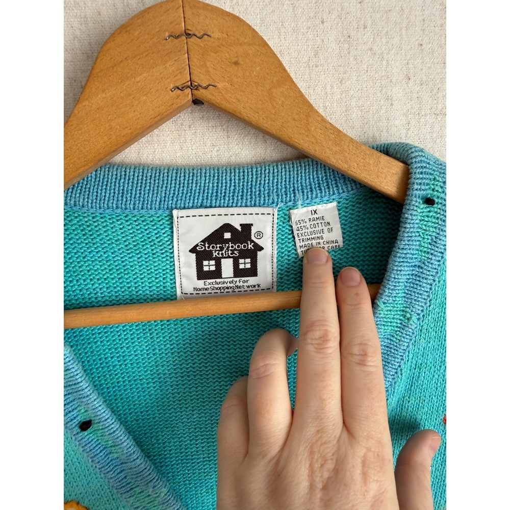 Storybook Knits Mermaid Cardigan Teal Blue Beaded Embroidered Novelty Sweater 1X - Picture 2 of 6